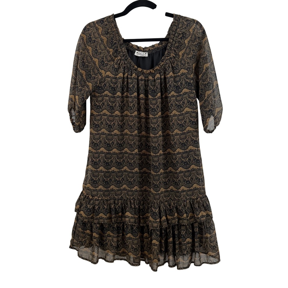Deby Debo Dress Womens 1 Small Boho Romantic Lace Print Ruffle Chiffon Mini